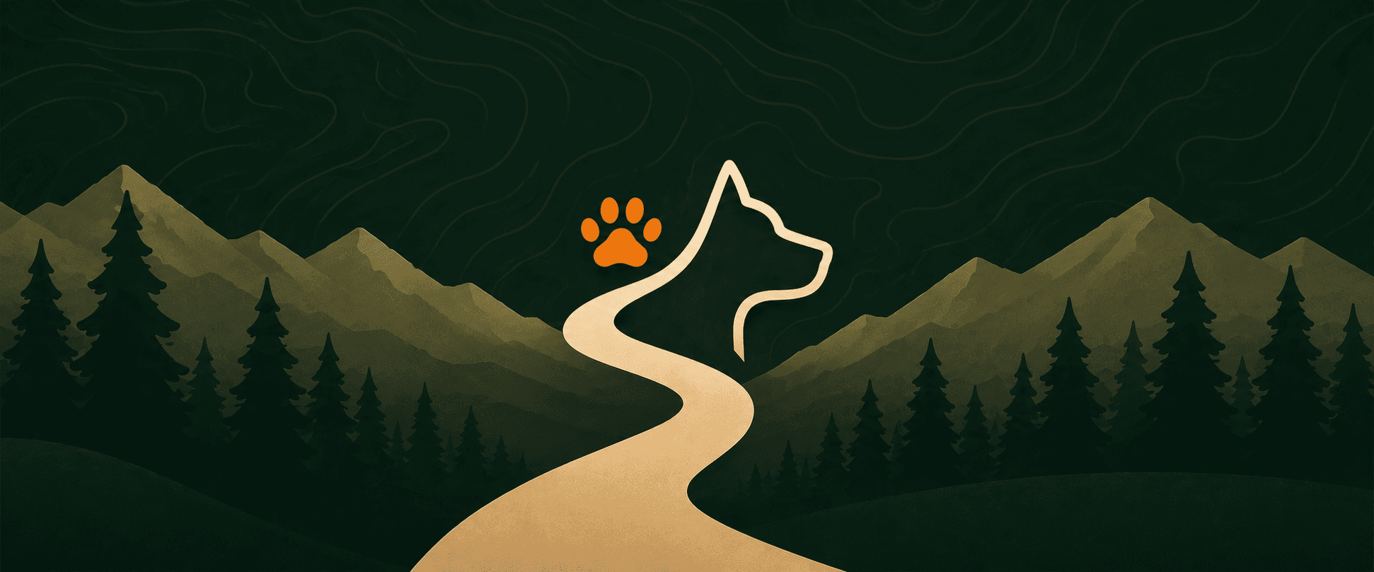 Sniffari — a trail winding through forest and mountains toward a dog and paw print