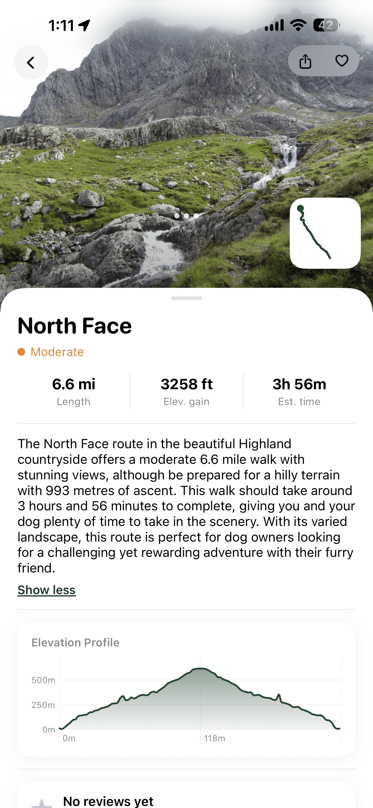 Sniffari route detail screen with elevation profile
