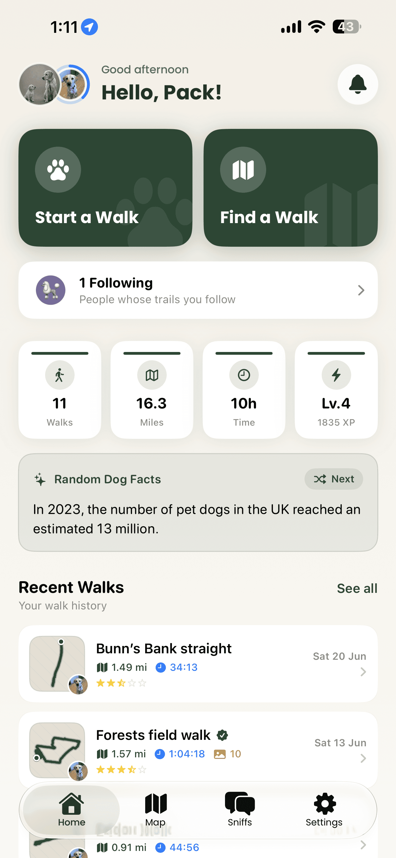 Sniffari home screen showing walk stats and recent walks